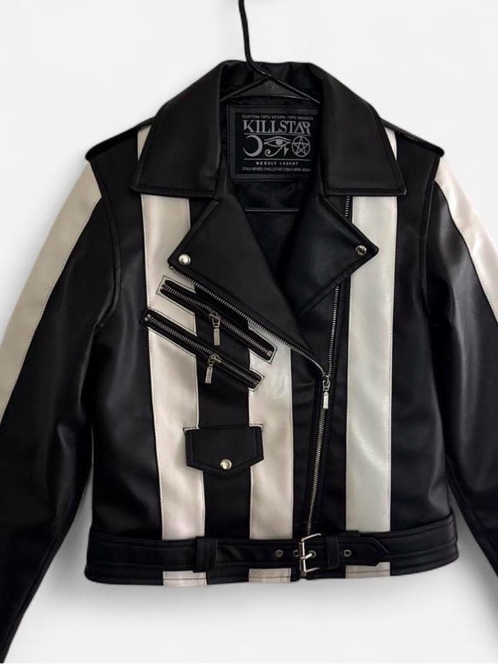 Killstar Black and White Stripe Faux Leather Biker Jacket